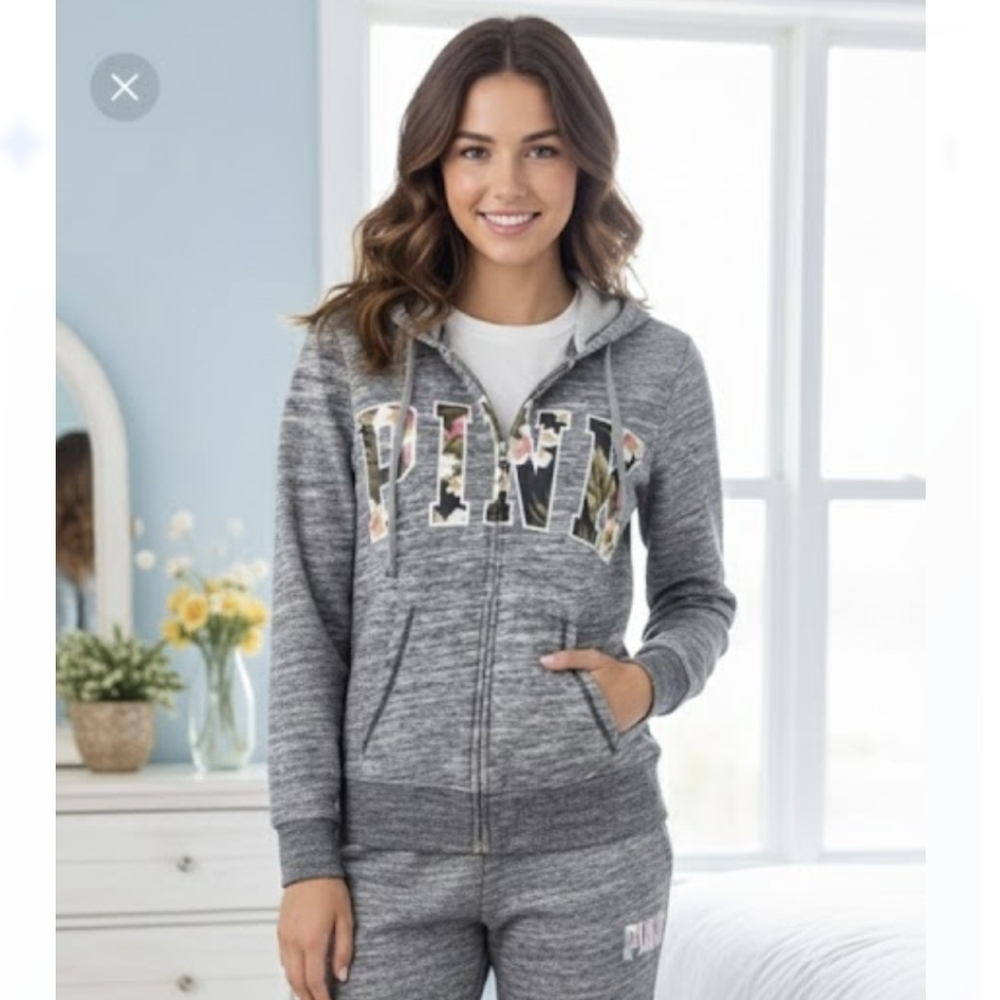 Pink Victoria’s Secret full zip up Grey Floral Hoodie Size XS